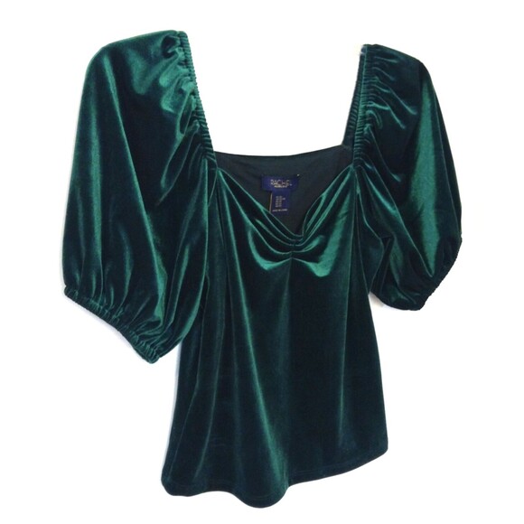 Vtg Y2K Velvet Top Wn XS Green Puff Sleeves Goth Vamp Witchy Grunge Steampunk - Picture 3 of 11